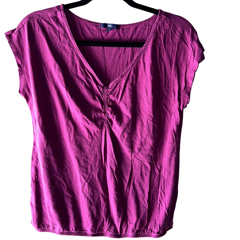 Gap Magenta V-Neck Bubble Hem Top Cap Sleeve Cotton Modal XS